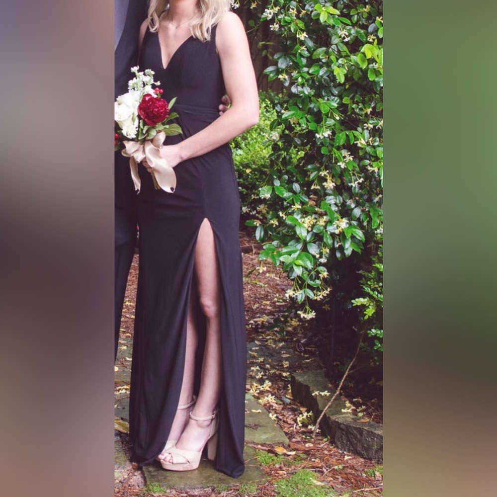 Ieena for MAC DUGGAL Black Formal Dress with leg slit, small train, & low back
